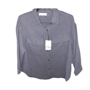 NWT Zara Gray Casual Button Down Shirt with Classic Collar Size 13-14